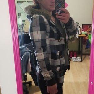 ROXY plaid fur hooded coat